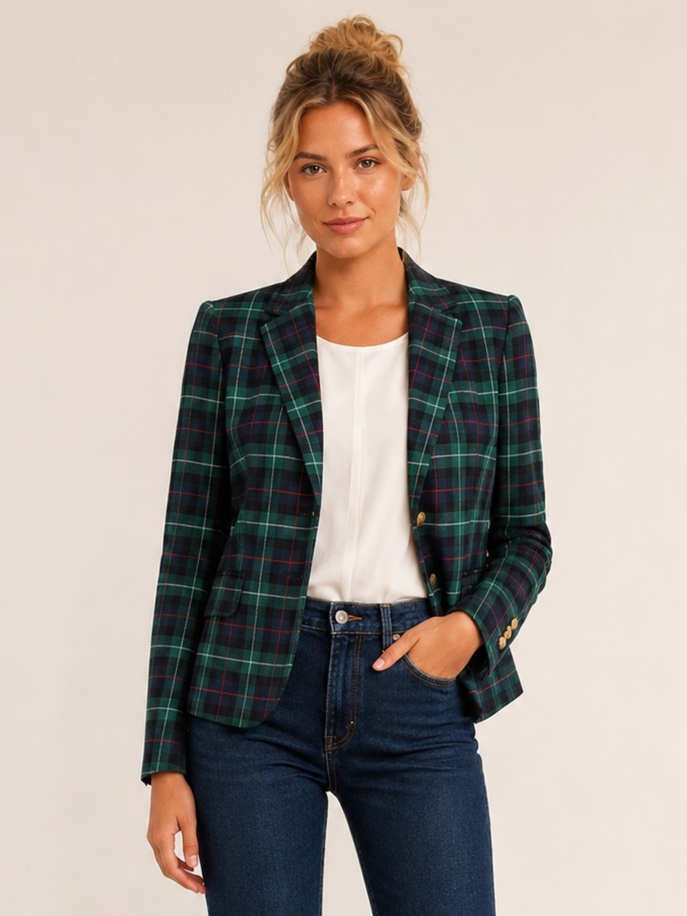 J.Crew Wool Blend Tartan Plaid Gold Button Blazer Green Blue Size 8
